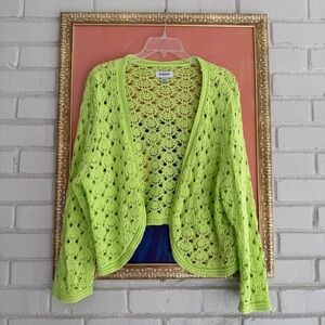 Vintage Y2K Neon Green Open-Knit Crochet Cotton Cardigan Sweater
